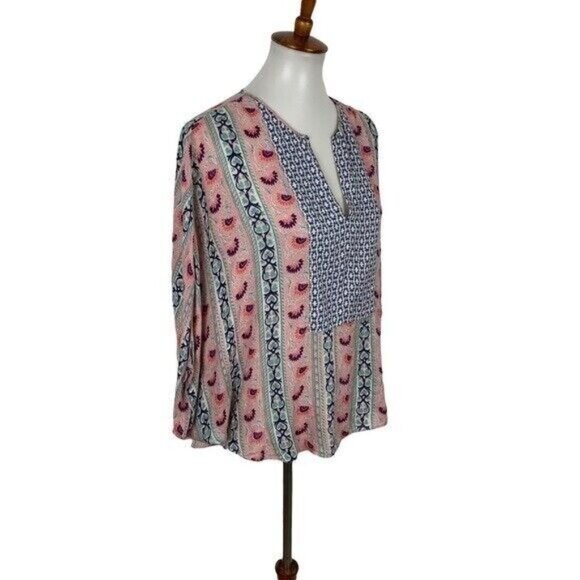BCBGMAXAZRIA Boho Peasant Blouse Small Pink Blue Paisley Festival Flowy Tunic - Picture 2 of 4